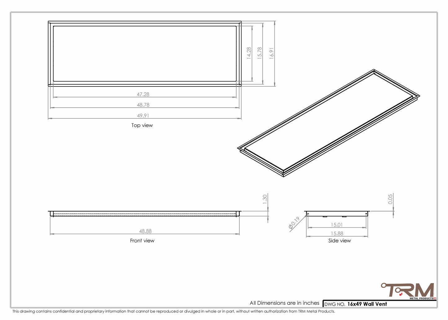 16x49 - Wall Vent - Modern Vent Cover -  Return Air Vent - TRM Metal  49x16