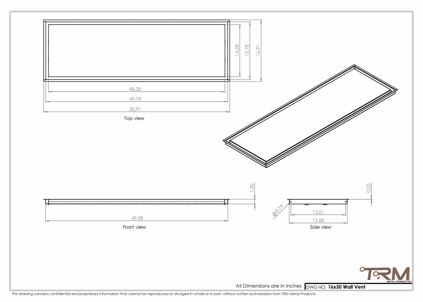 16x50 - Wall Vent - Modern Vent Cover -  Return Air Vent - TRM Metal  50x16