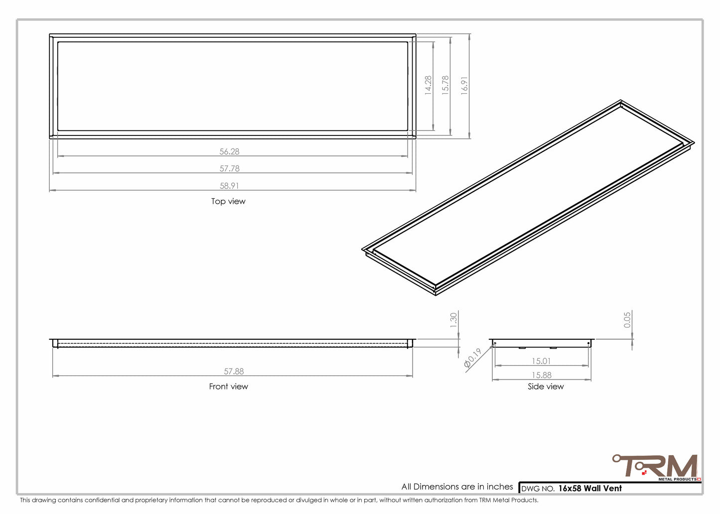 16x58 - Wall Vent - Modern Vent Cover -  Return Air Vent - TRM Metal  58x16