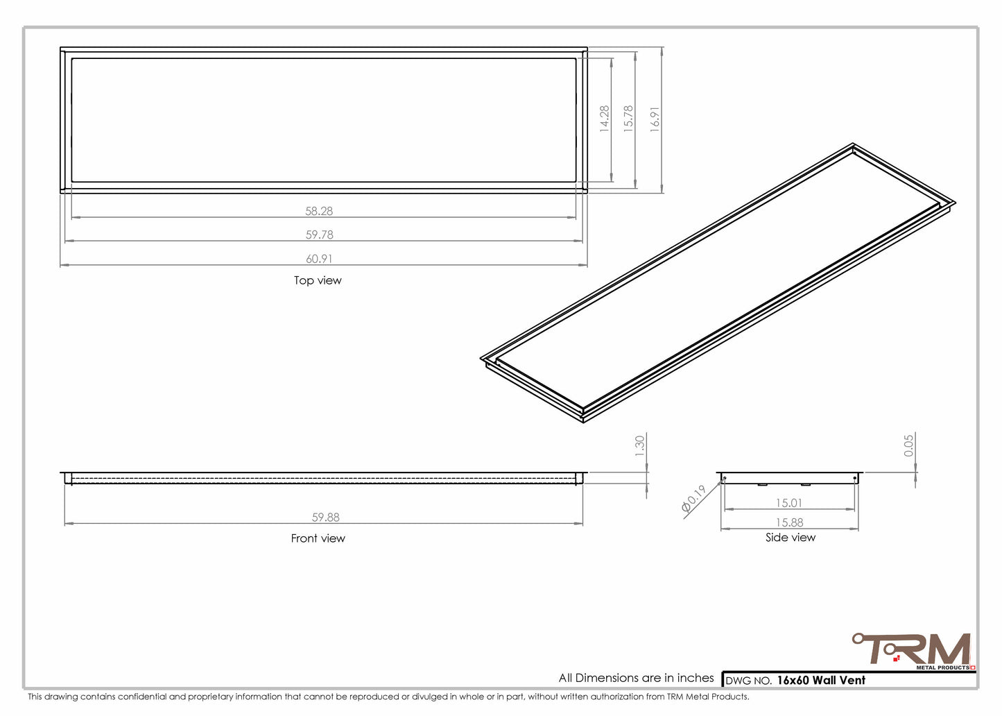 16x60 - Wall Vent - Modern Vent Cover -  Return Air Vent - TRM Metal  60x16