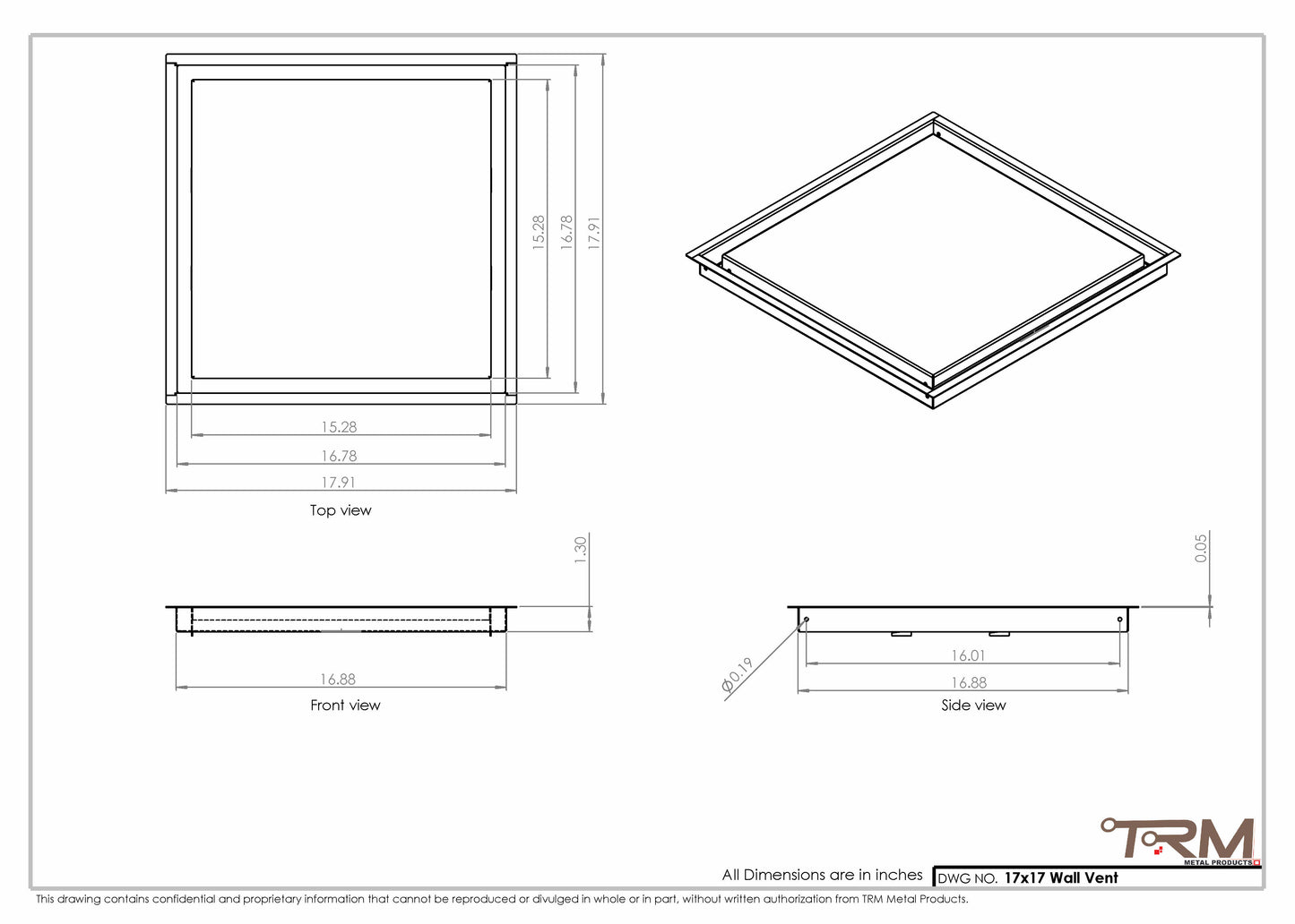 17x17 - Wall Vent - Modern Vent Cover -  Return Air Vent - TRM Metal  17x17