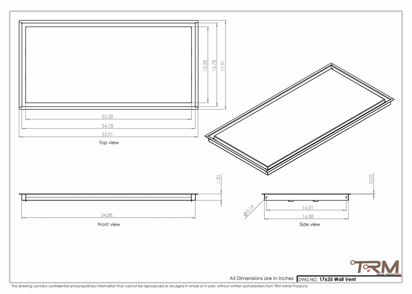 17x35 - Wall Vent - Modern Vent Cover -  Return Air Vent - TRM Metal  35x17
