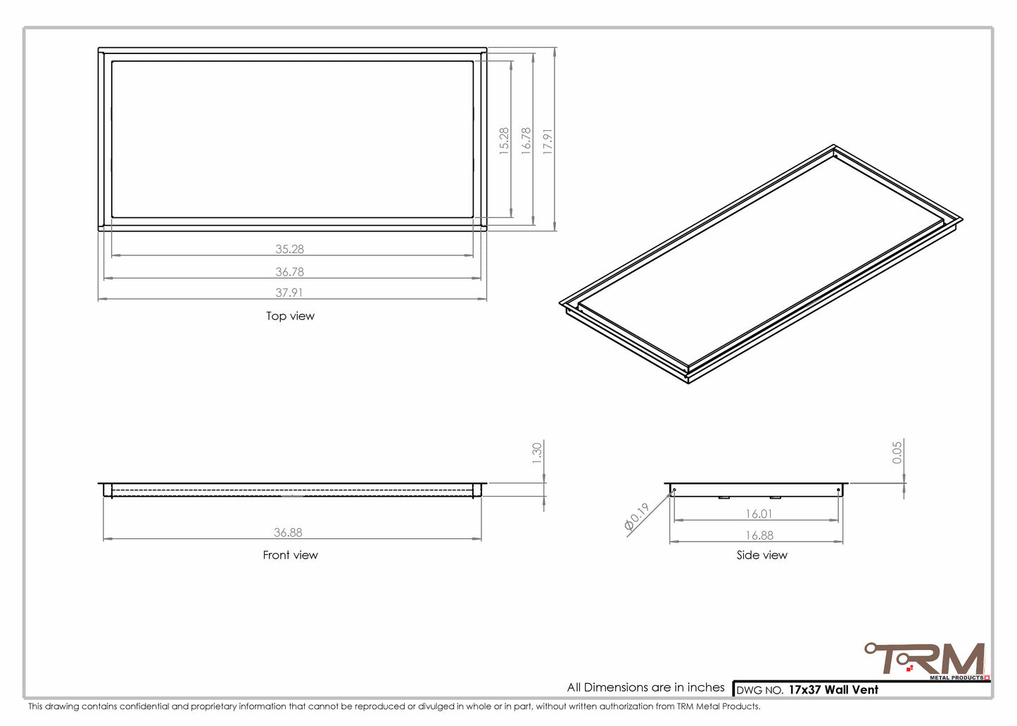 17x37 - Wall Vent - Modern Vent Cover -  Return Air Vent - TRM Metal  37x17
