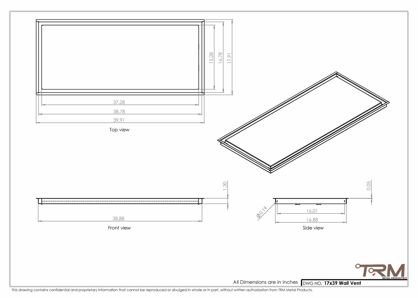 17x39 - Wall Vent - Modern Vent Cover -  Return Air Vent - TRM Metal  39x17