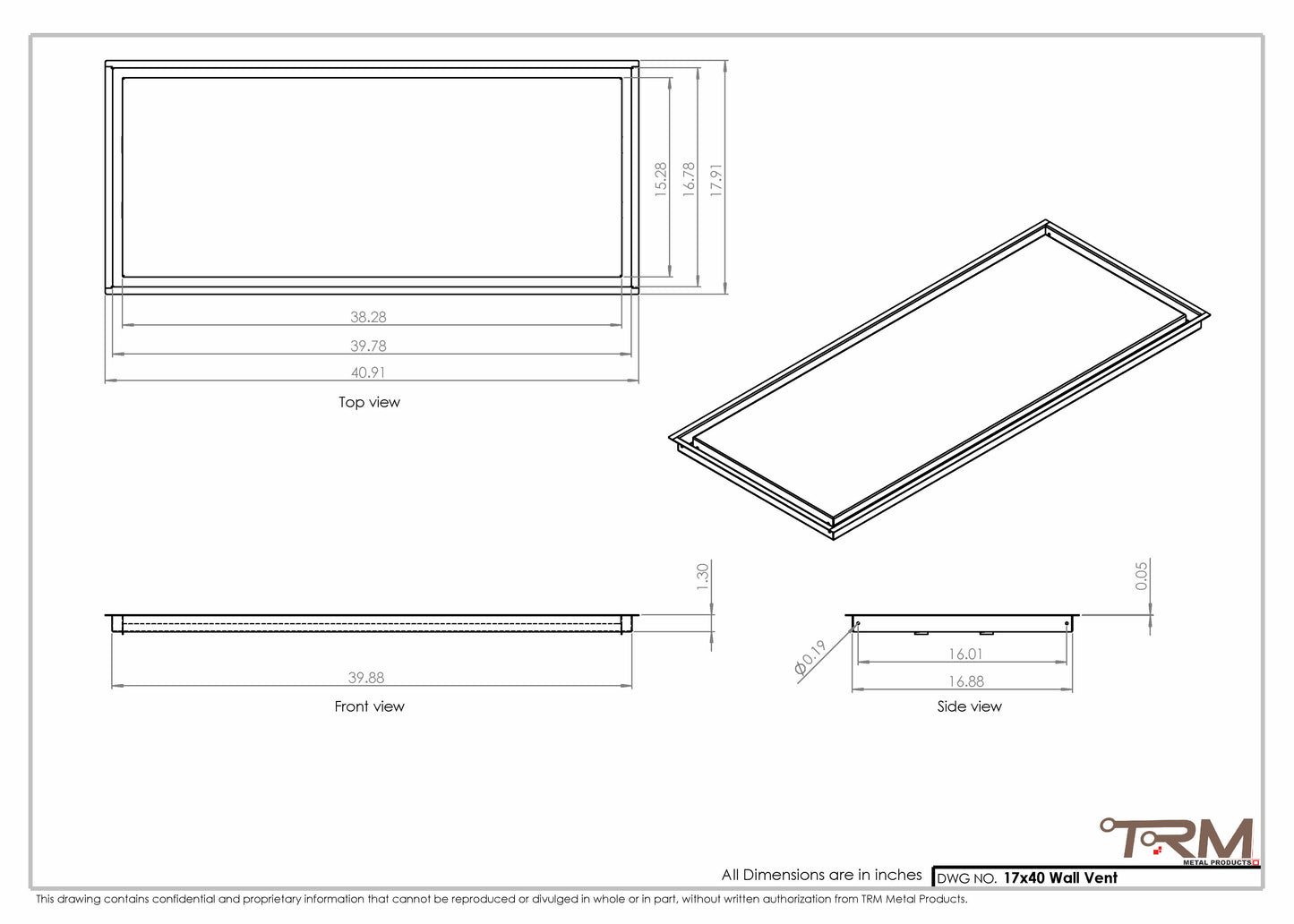 17x40 - Wall Vent - Modern Vent Cover -  Return Air Vent - TRM Metal  40x17