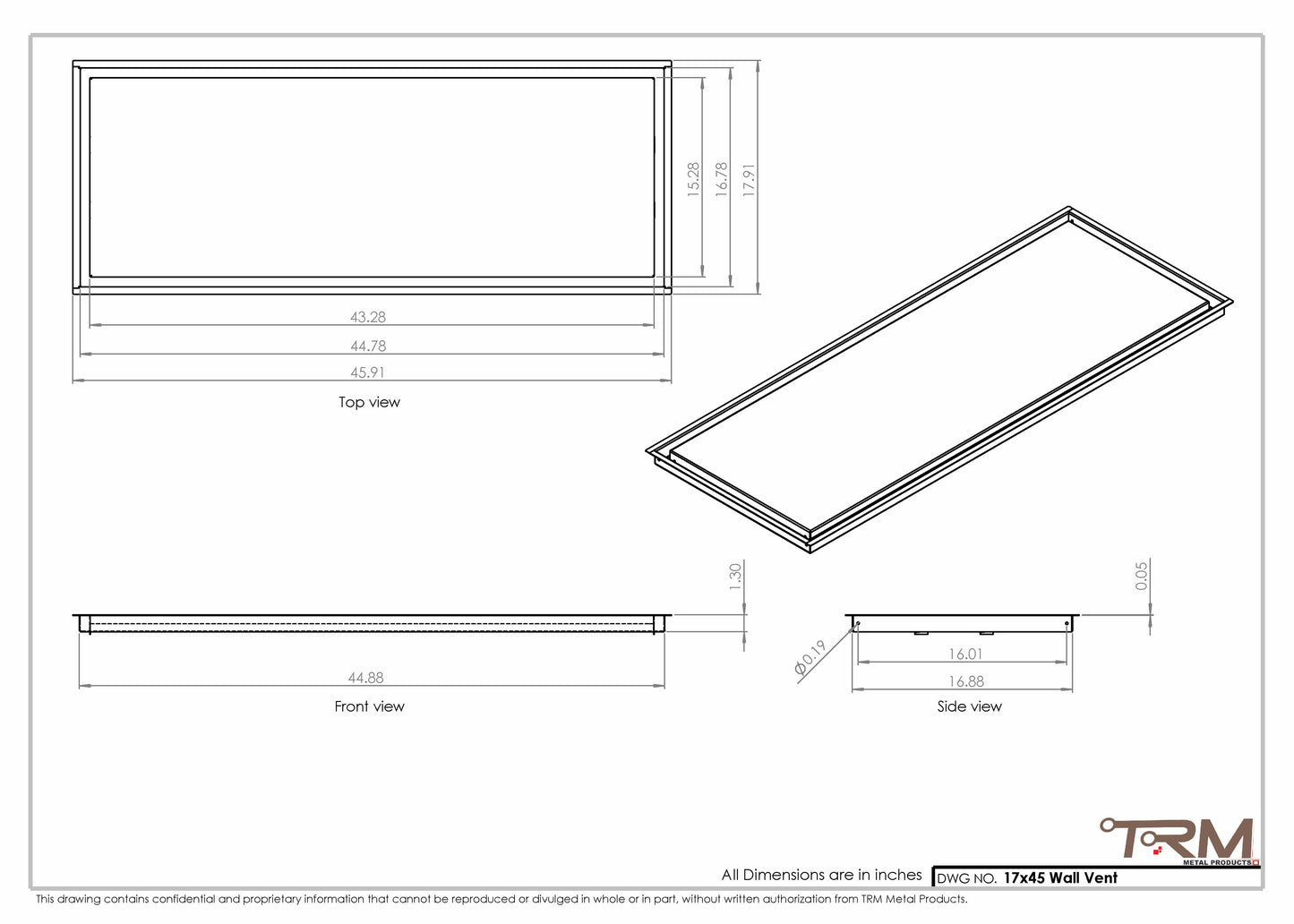 17x45 - Wall Vent - Modern Vent Cover -  Return Air Vent - TRM Metal  45x17
