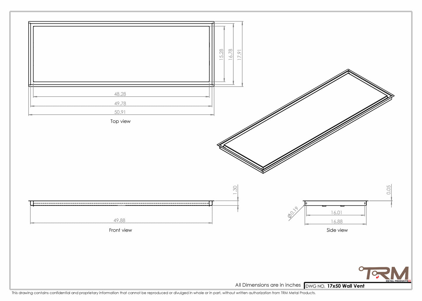 17x50 - Wall Vent - Modern Vent Cover -  Return Air Vent - TRM Metal  50x17