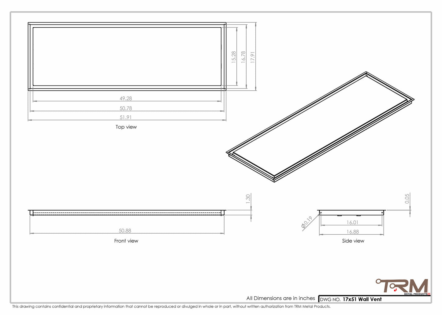 17x51 - Wall Vent - Modern Vent Cover -  Return Air Vent - TRM Metal  51x17