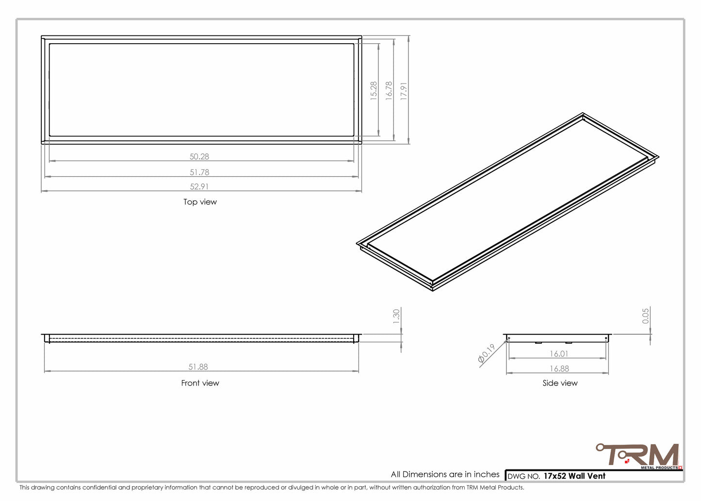 17x52 - Wall Vent - Modern Vent Cover -  Return Air Vent - TRM Metal  52x17