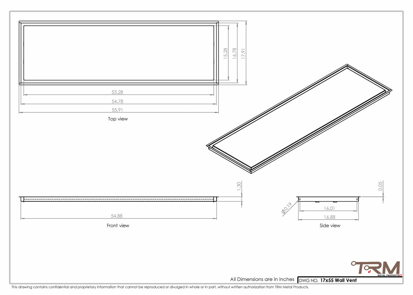 17x55 - Wall Vent - Modern Vent Cover -  Return Air Vent - TRM Metal  55x17