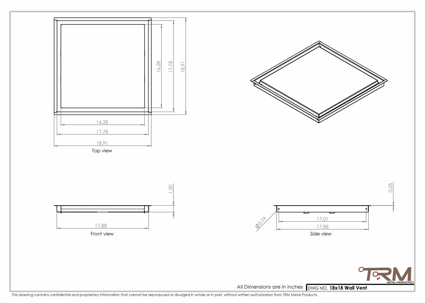 18x18 - Wall Vent - Modern Vent Cover -  Return Air Vent - TRM Metal  18x18