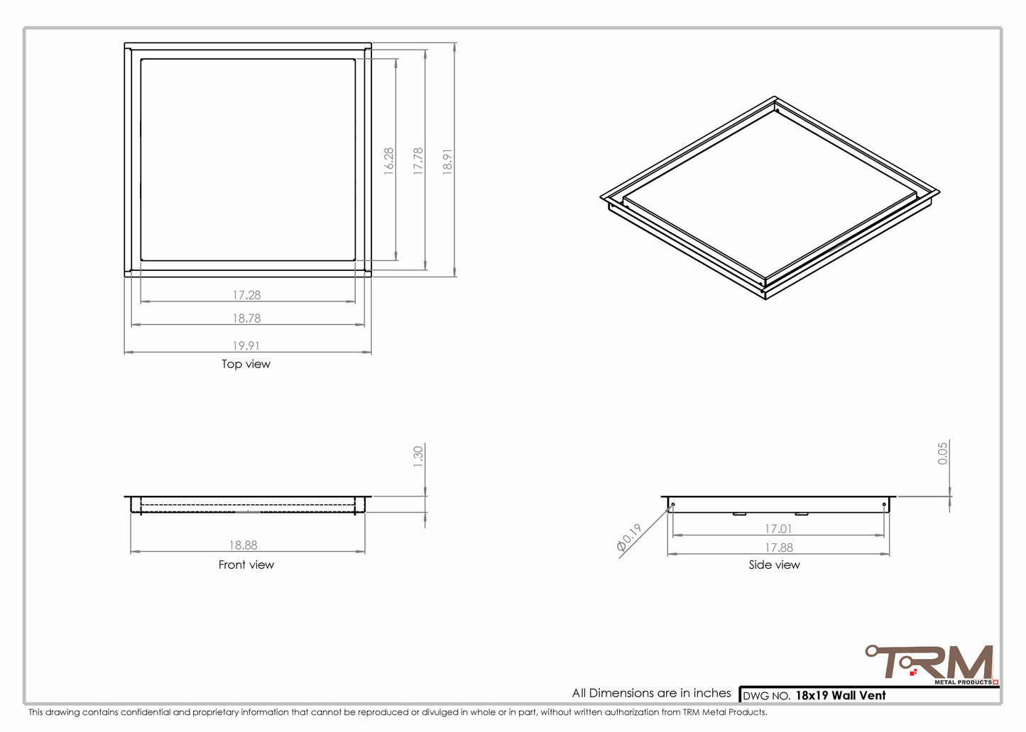 18x19 - Wall Vent - Modern Vent Cover -  Return Air Vent - TRM Metal  19x18