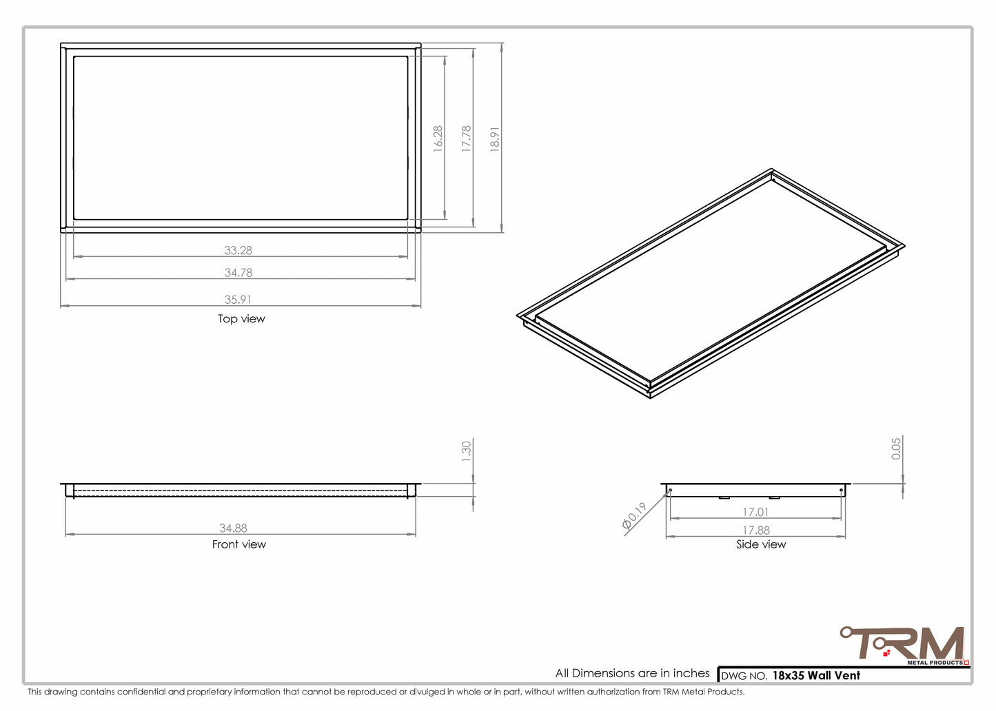 18x35 - Wall Vent - Modern Vent Cover -  Return Air Vent - TRM Metal  35x18