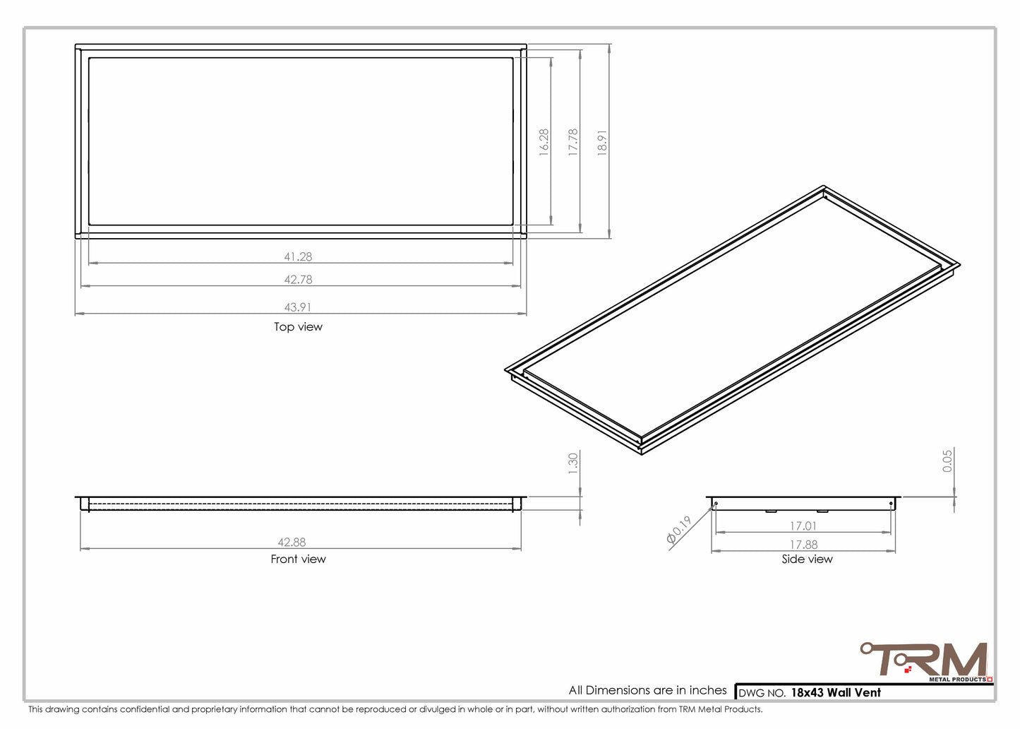 18x43 - Wall Vent - Modern Vent Cover -  Return Air Vent - TRM Metal  43x18