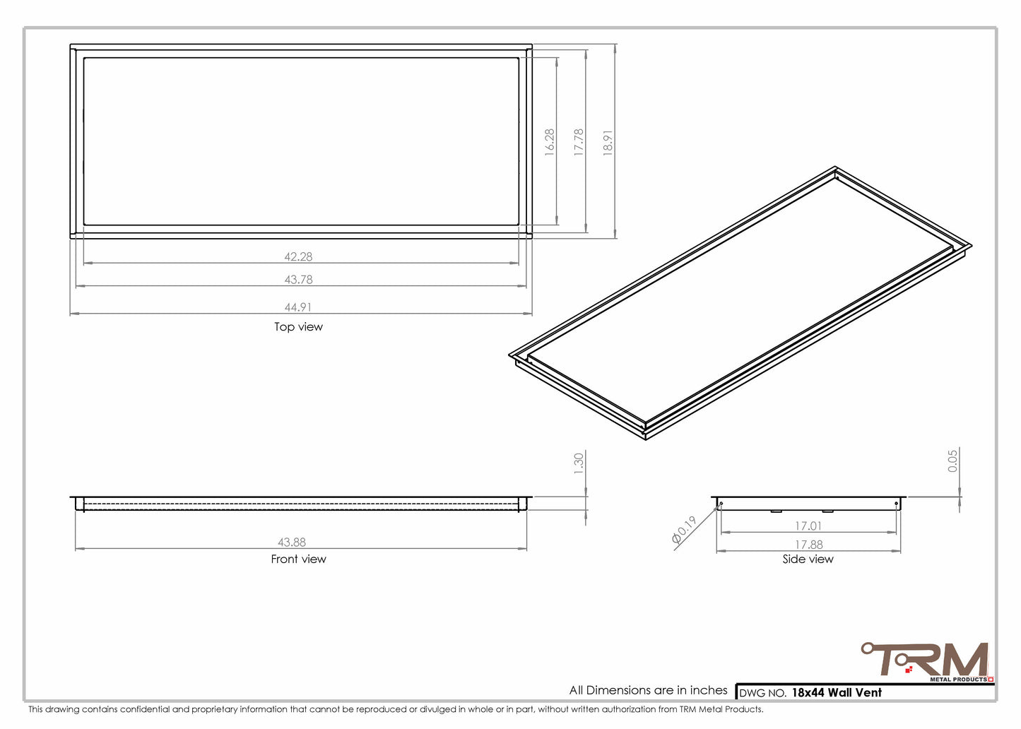 18x44 - Wall Vent - Modern Vent Cover -  Return Air Vent - TRM Metal  44x18