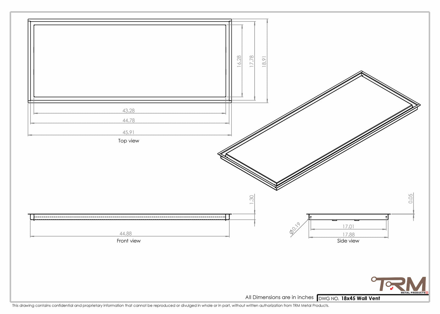 18x45 - Wall Vent - Modern Vent Cover -  Return Air Vent - TRM Metal  45x18