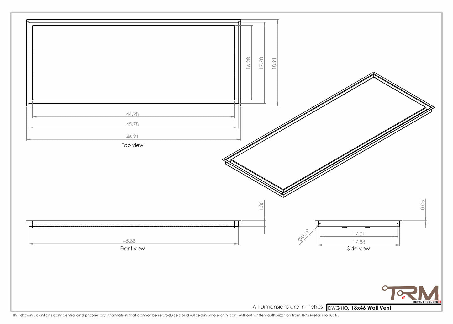 18x46 - Wall Vent - Modern Vent Cover -  Return Air Vent - TRM Metal  46x18