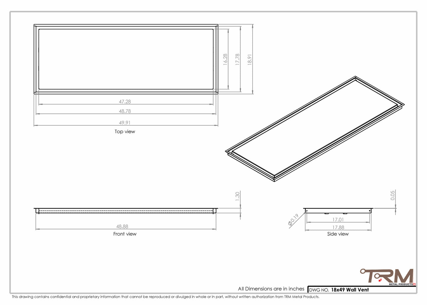 18x49 - Wall Vent - Modern Vent Cover -  Return Air Vent - TRM Metal  49x18