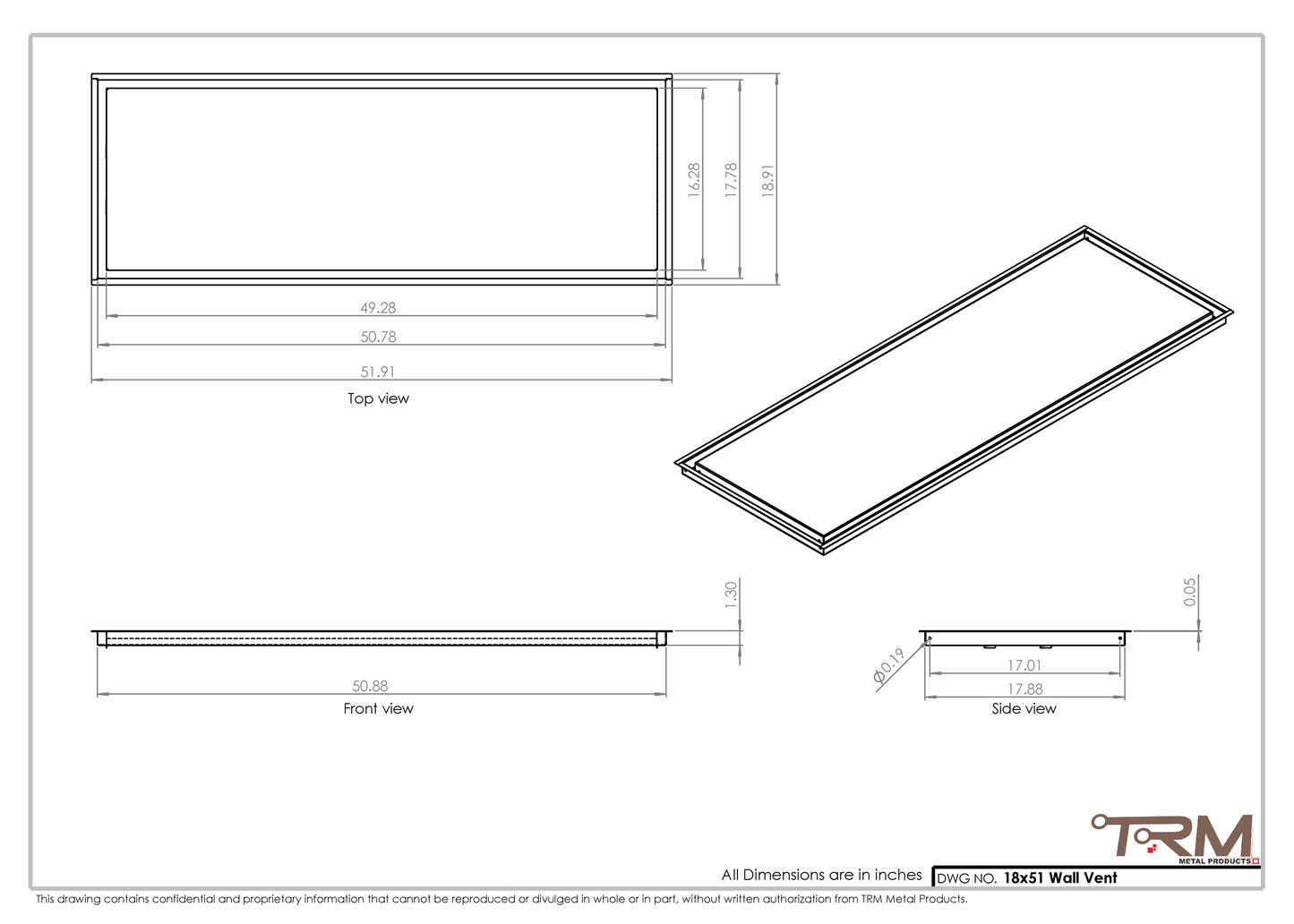 18x51 - Wall Vent - Modern Vent Cover -  Return Air Vent - TRM Metal  51x18