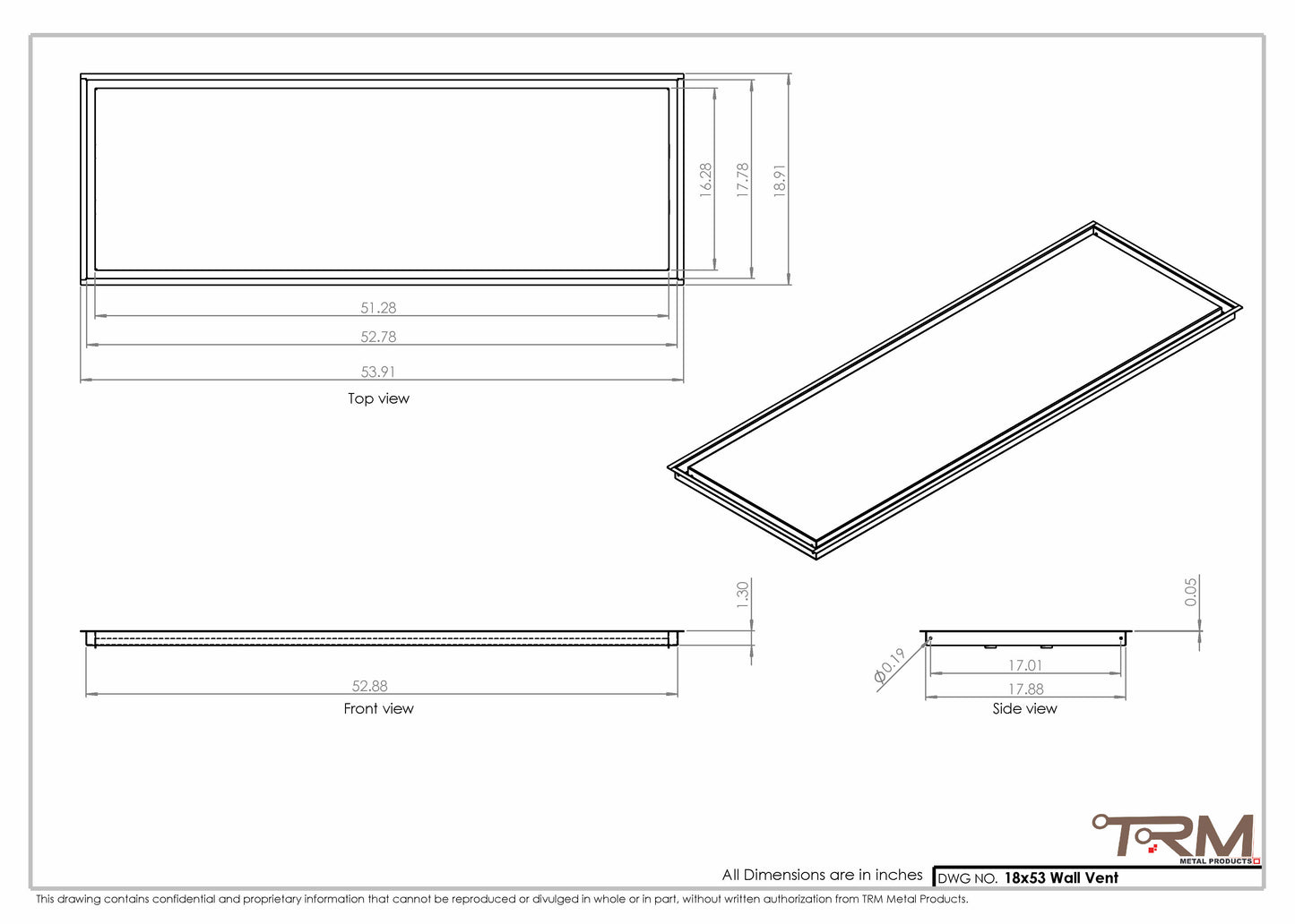 18x53 - Wall Vent - Modern Vent Cover -  Return Air Vent - TRM Metal  53x18