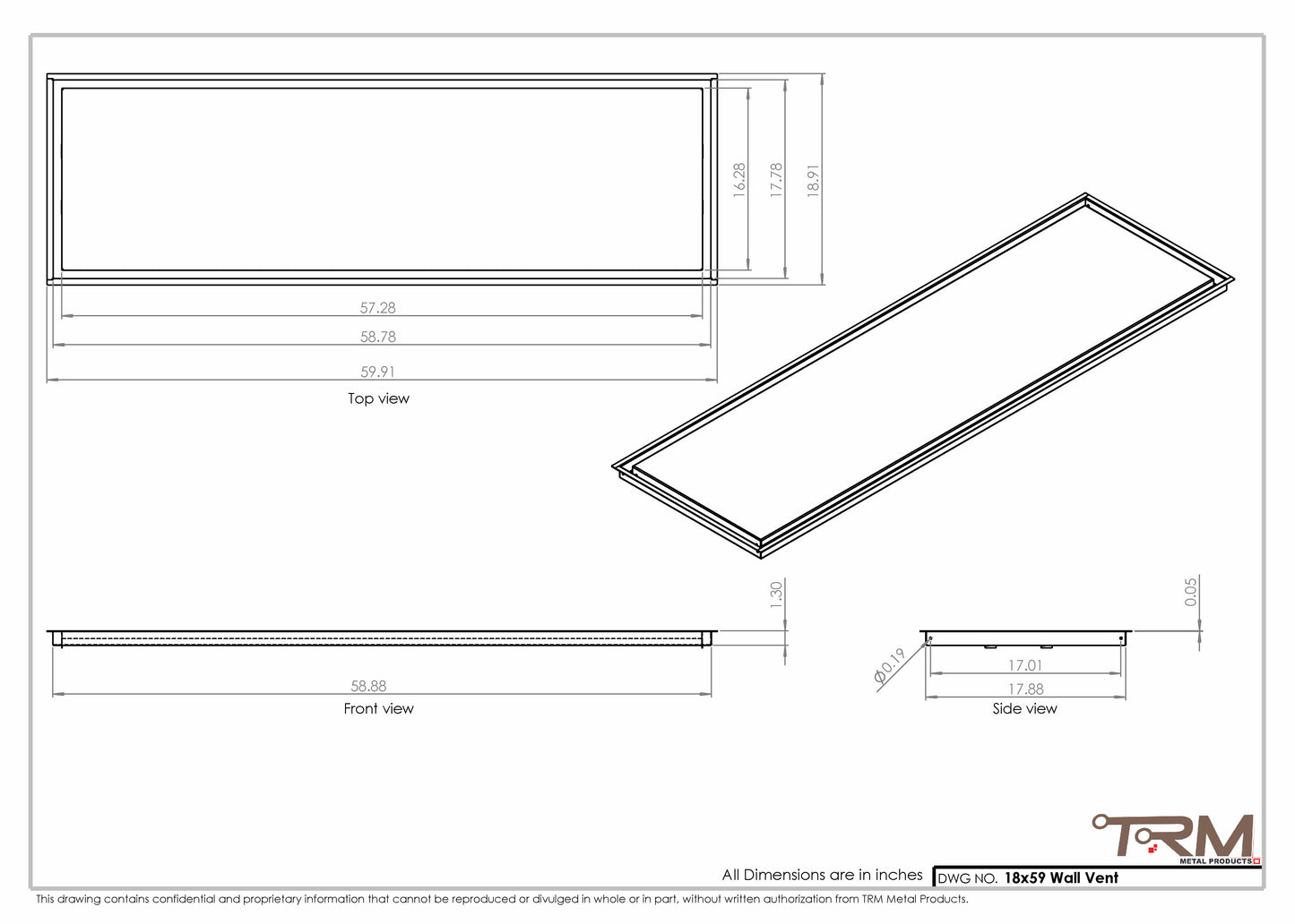 18x59 - Wall Vent - Modern Vent Cover -  Return Air Vent - TRM Metal  59x18