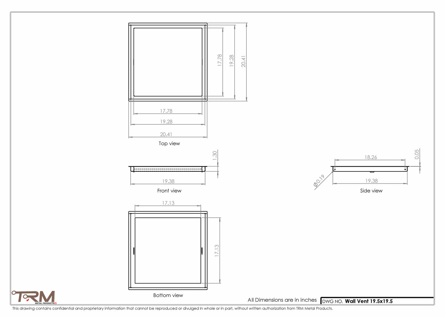 19.5x19.5 - Wall Vent - Modern Vent Cover -  Return Air Vent - TRM Metal  19.5x19.5