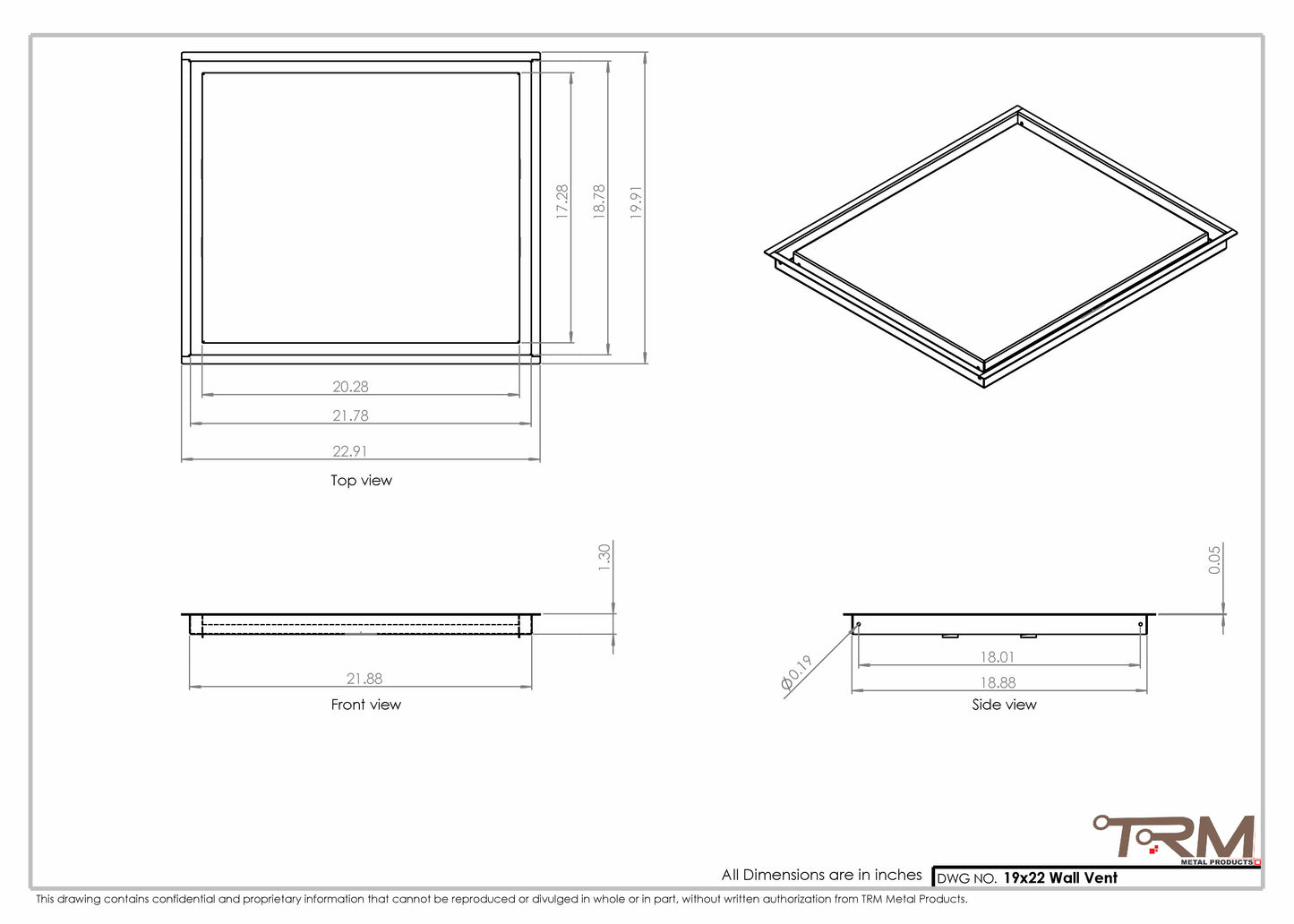 19x22 - Wall Vent - Modern Vent Cover -  Return Air Vent - TRM Metal  22x19