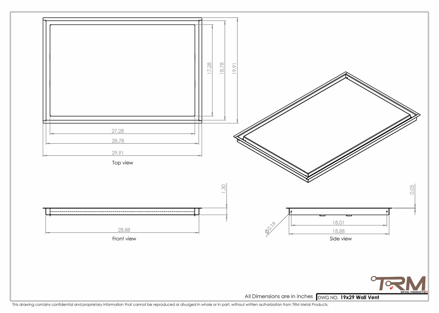 19x29 - Wall Vent - Modern Vent Cover -  Return Air Vent - TRM Metal  29x19