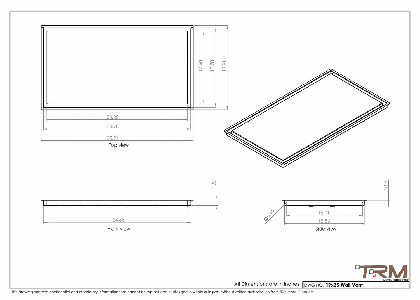 19x35 - Wall Vent - Modern Vent Cover -  Return Air Vent - TRM Metal  35x19
