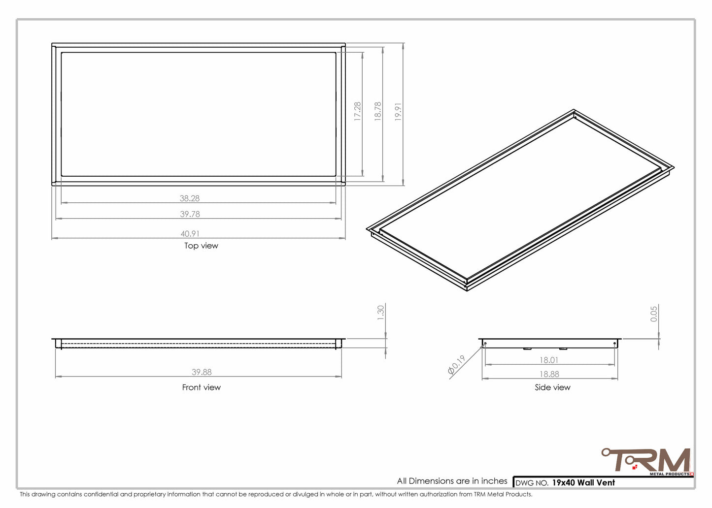 19x40 - Wall Vent - Modern Vent Cover -  Return Air Vent - TRM Metal  40x19