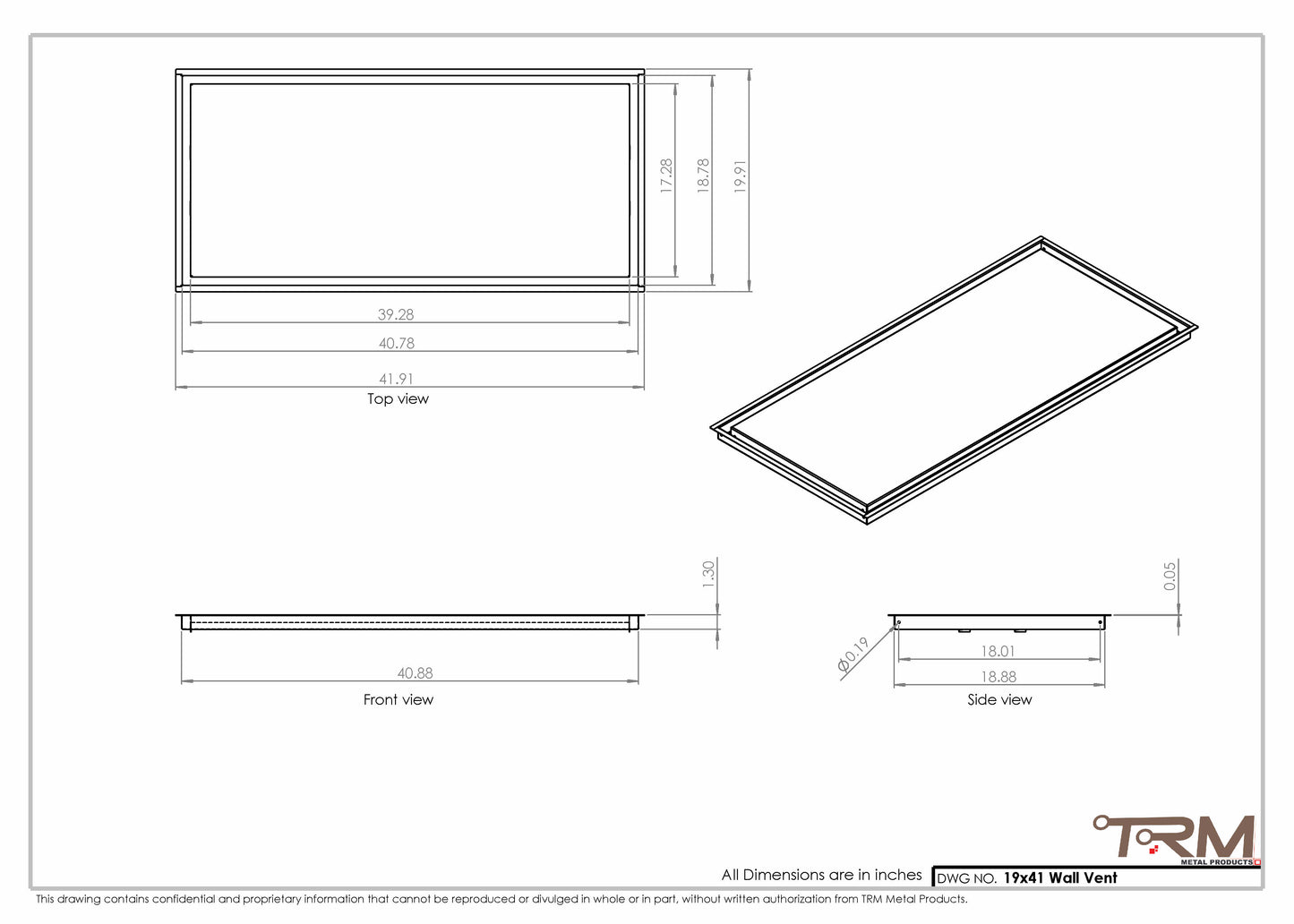 19x41 - Wall Vent - Modern Vent Cover -  Return Air Vent - TRM Metal  41x19
