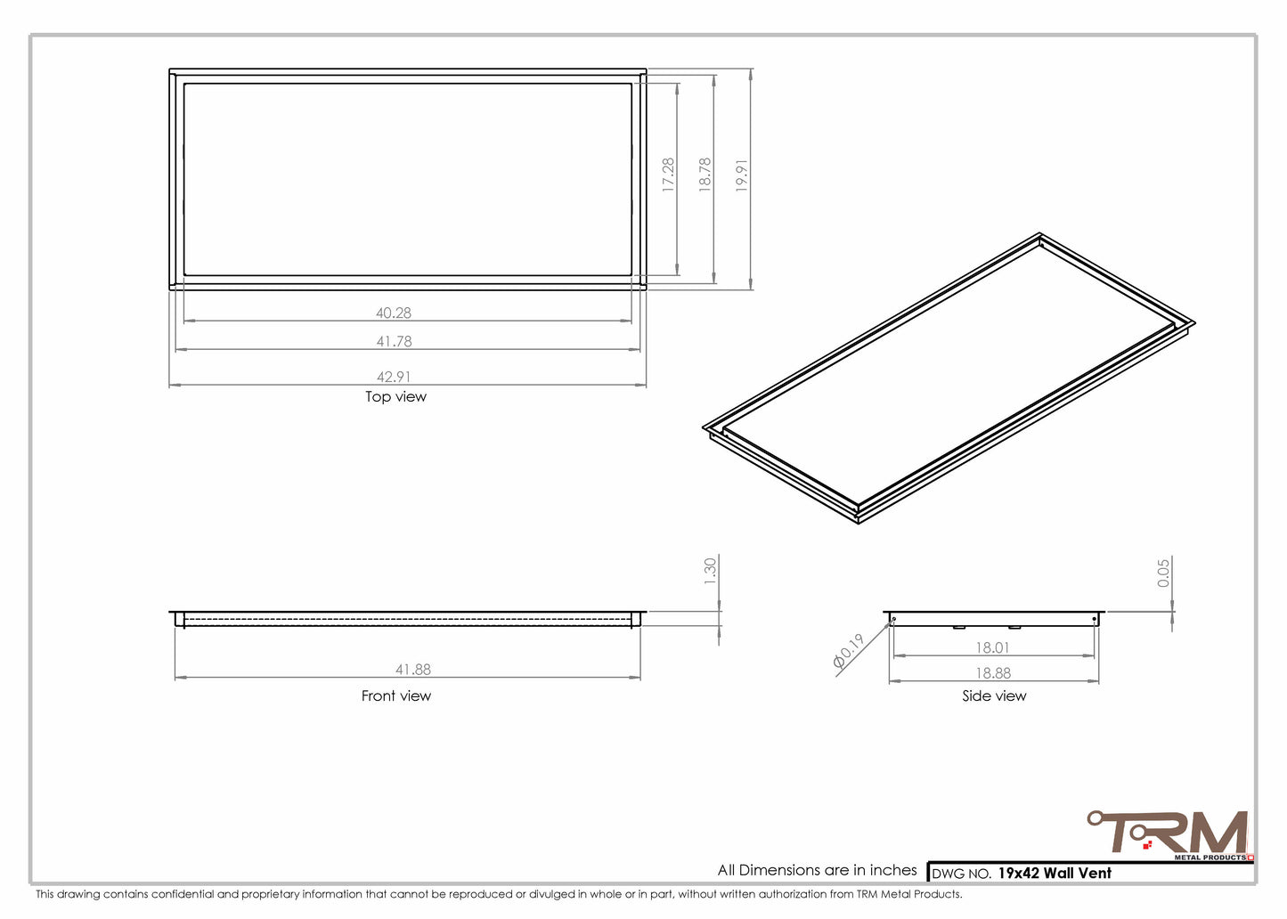 19x42 - Wall Vent - Modern Vent Cover -  Return Air Vent - TRM Metal  42x19