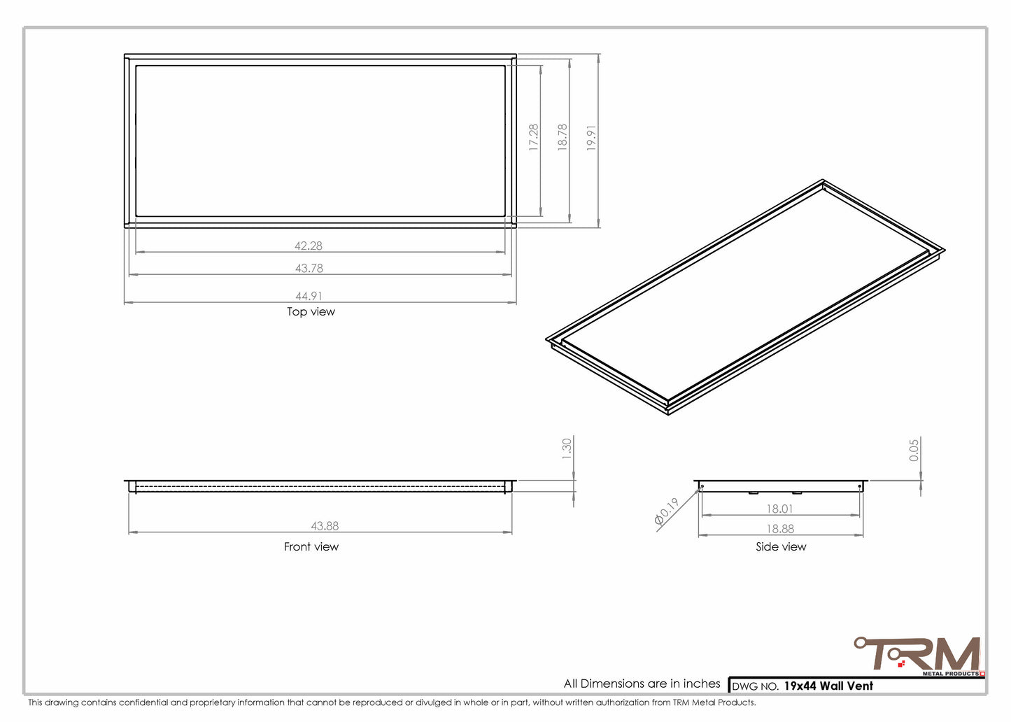 19x44 - Wall Vent - Modern Vent Cover -  Return Air Vent - TRM Metal  44x19