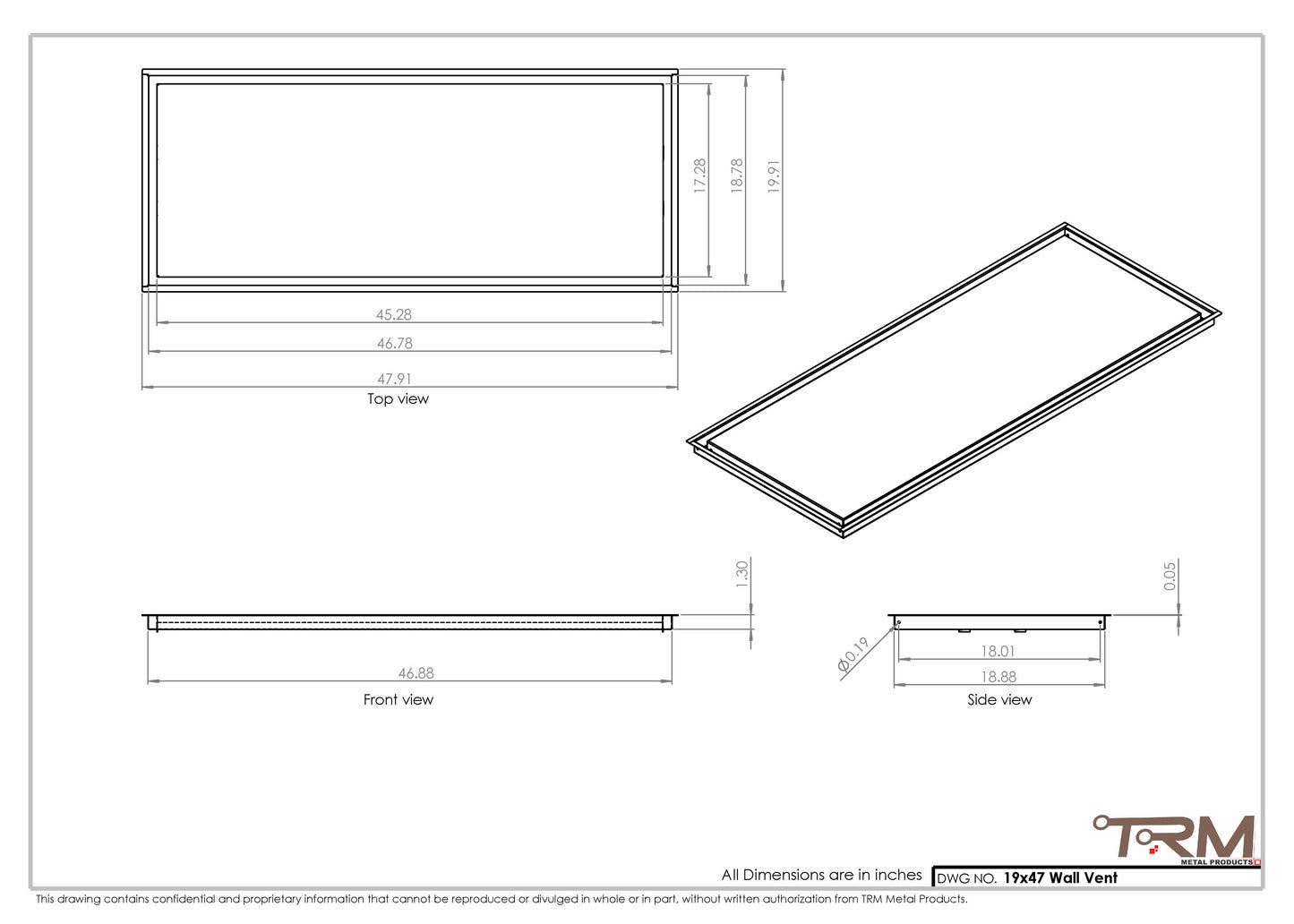 19x47 - Wall Vent - Modern Vent Cover -  Return Air Vent - TRM Metal  47x19