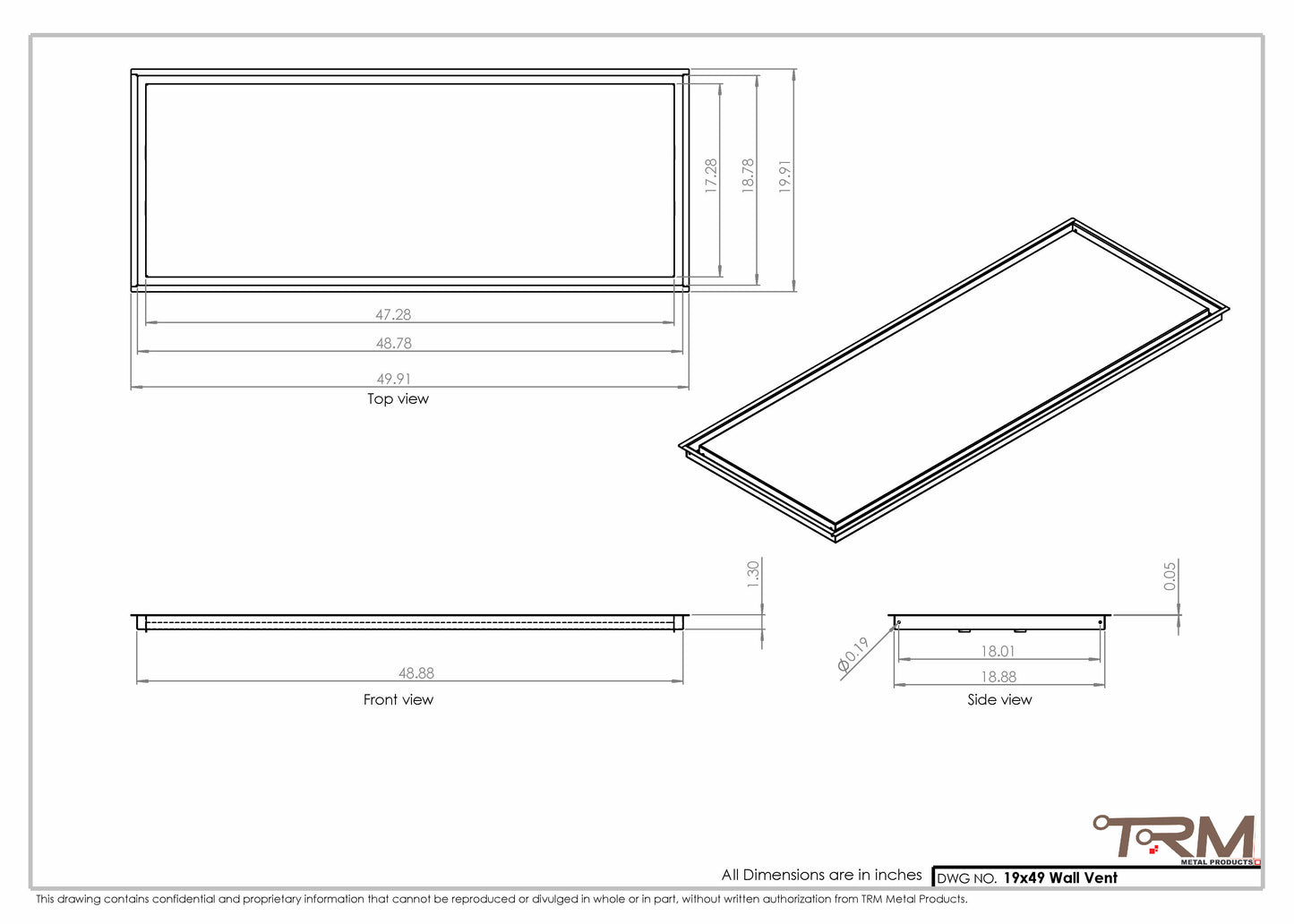 19x49 - Wall Vent - Modern Vent Cover -  Return Air Vent - TRM Metal  49x19