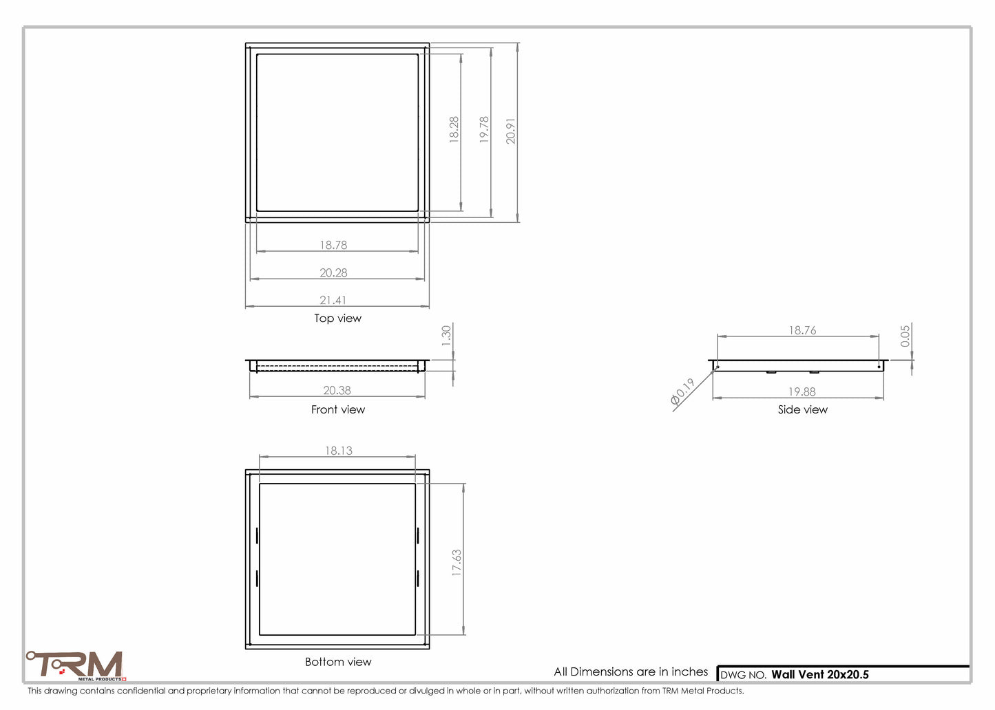 20x20.5 - Wall Vent - Modern Vent Cover -  Return Air Vent - TRM Metal  20.5x20