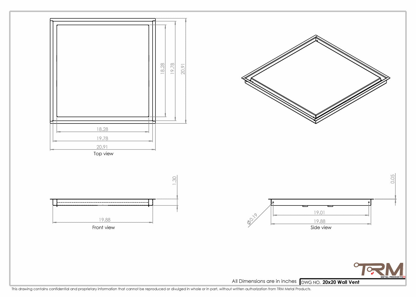 20x20 - Wall Vent - Modern Vent Cover -  Return Air Vent - TRM Metal  20x20