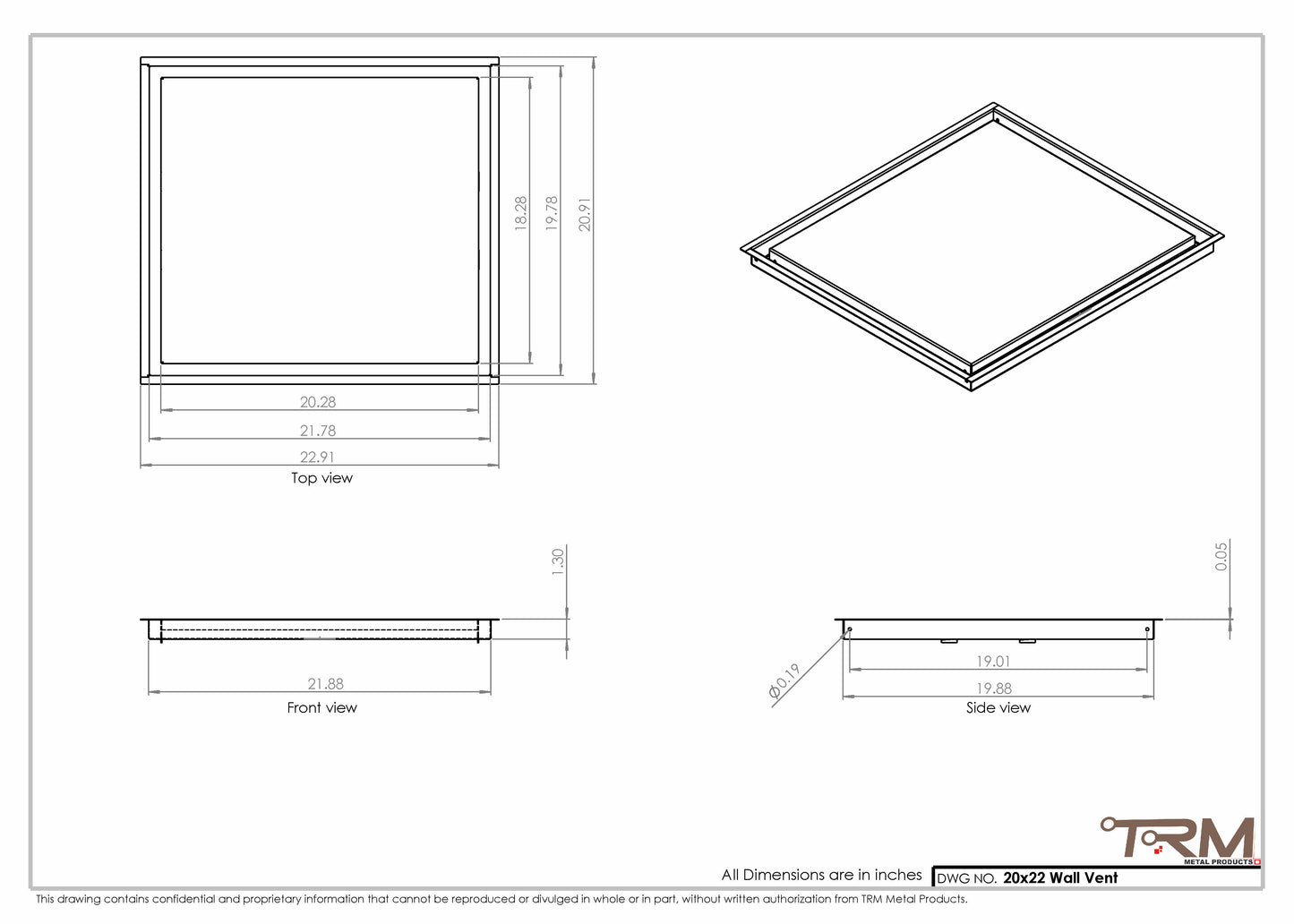 20x22 - Wall Vent - Modern Vent Cover -  Return Air Vent - TRM Metal  22x20
