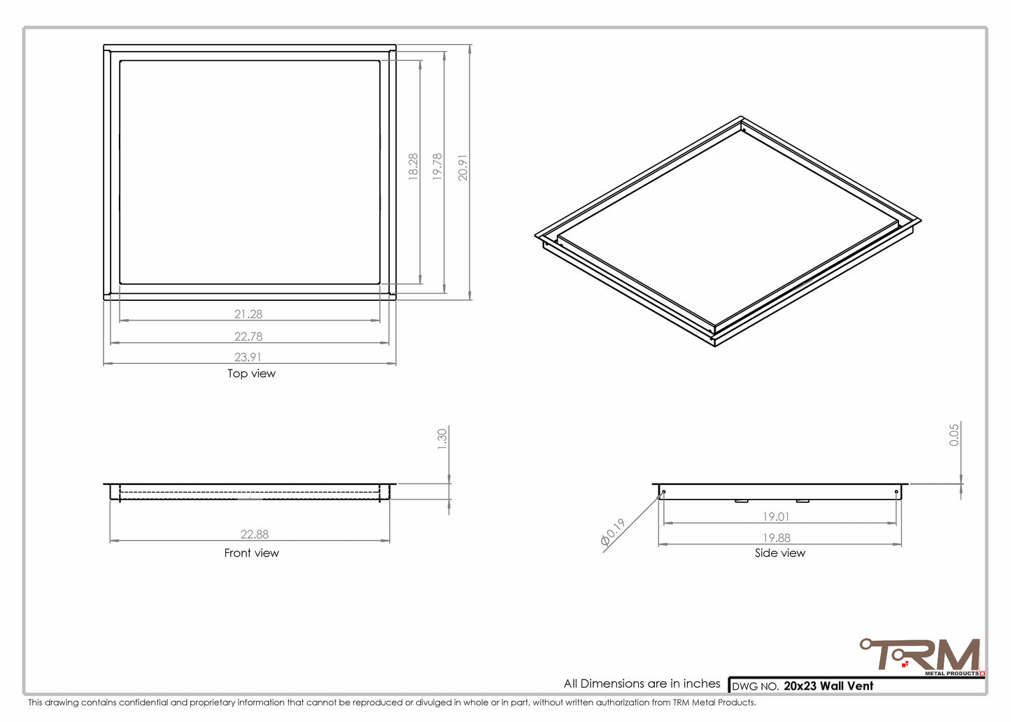 20x23 - Wall Vent - Modern Vent Cover -  Return Air Vent - TRM Metal  23x20