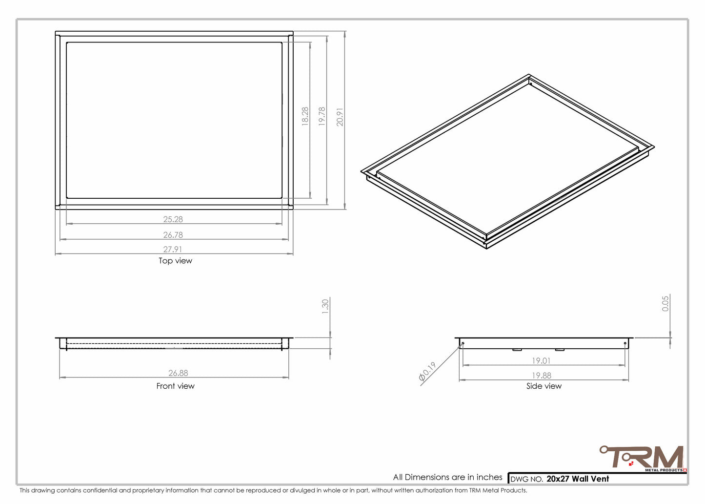 20x27 - Wall Vent - Modern Vent Cover -  Return Air Vent - TRM Metal  27x20