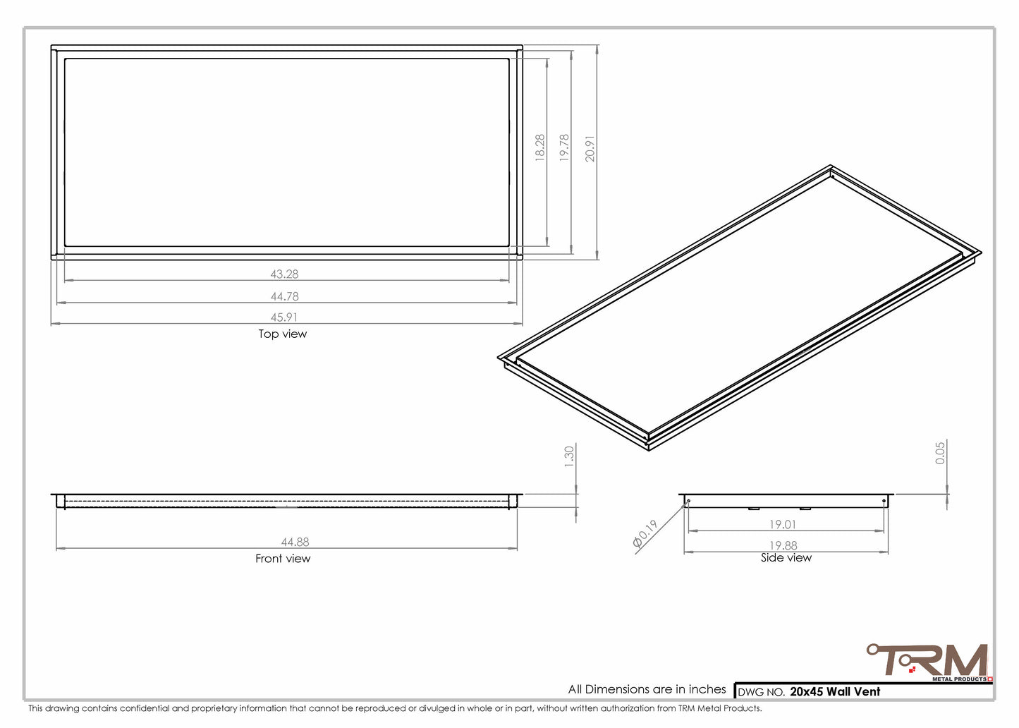 20x45 - Wall Vent - Modern Vent Cover -  Return Air Vent - TRM Metal  45x20