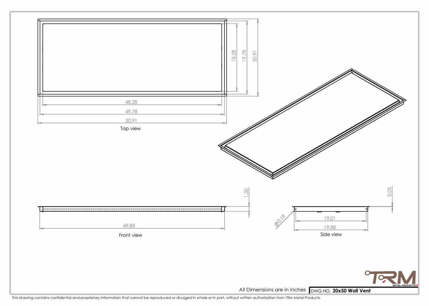 20x50 - Wall Vent - Modern Vent Cover -  Return Air Vent - TRM Metal  50x20