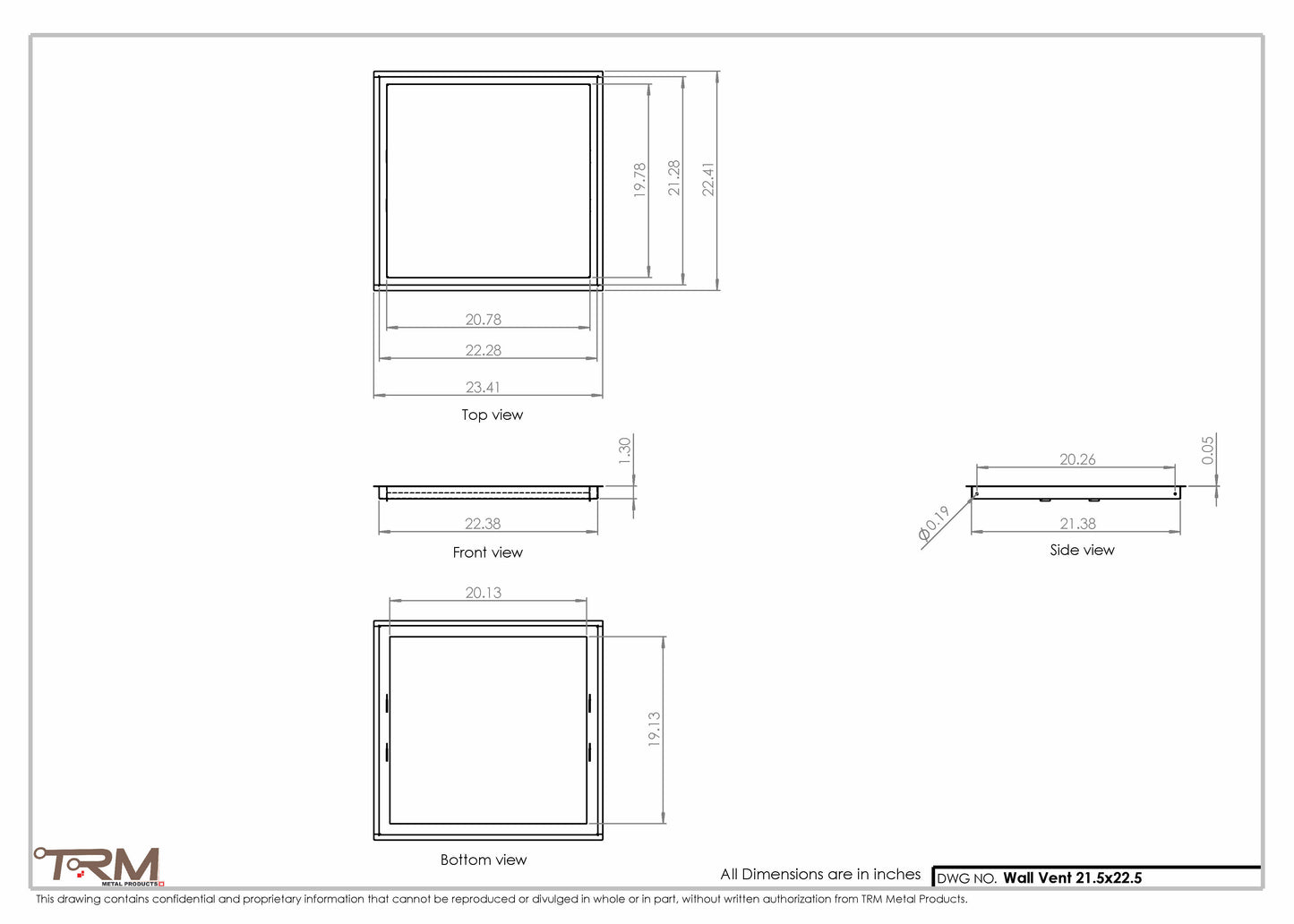 21.5x22.5 - Wall Vent - Modern Vent Cover -  Return Air Vent - TRM Metal  22.5x21.5