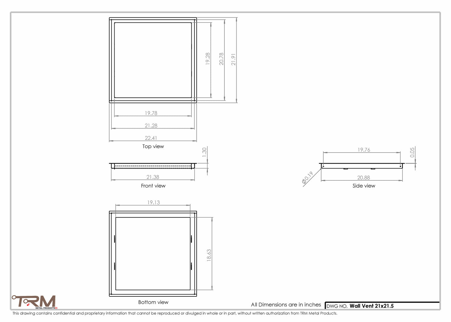 21x21.5 - Wall Vent - Modern Vent Cover -  Return Air Vent - TRM Metal  21.5x21