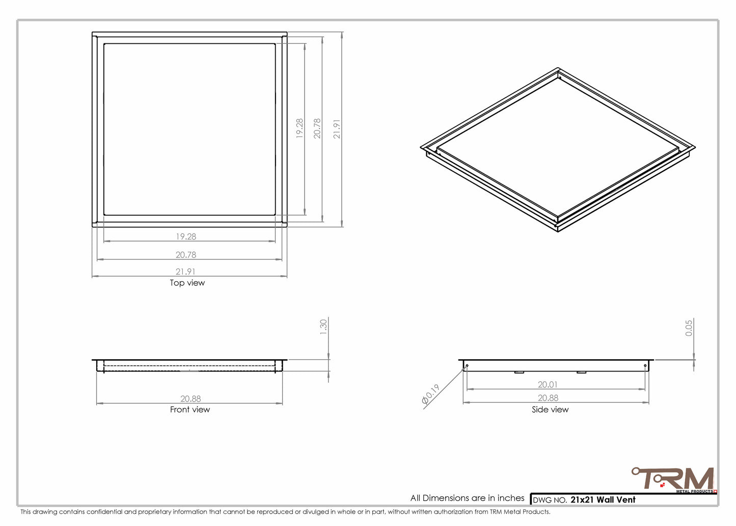 21x21 - Wall Vent - Modern Vent Cover -  Return Air Vent - TRM Metal  21x21