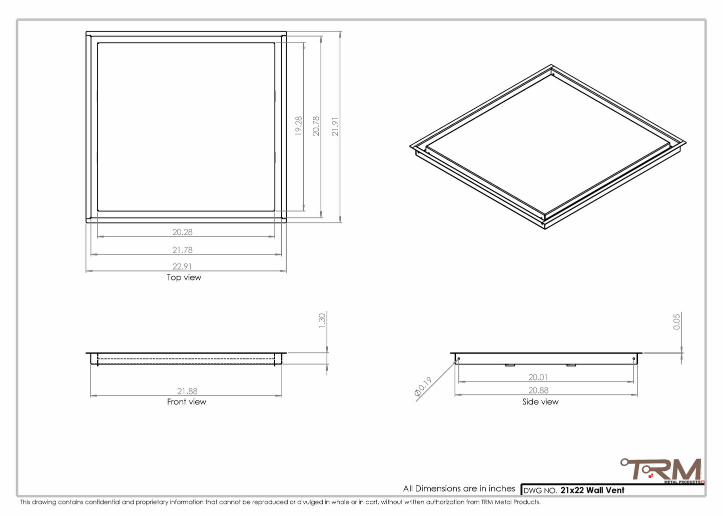 21x22 - Wall Vent - Modern Vent Cover -  Return Air Vent - TRM Metal  22x21