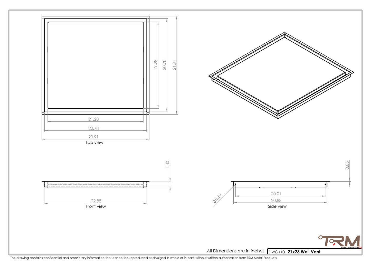 21x23 - Wall Vent - Modern Vent Cover -  Return Air Vent - TRM Metal  23x21