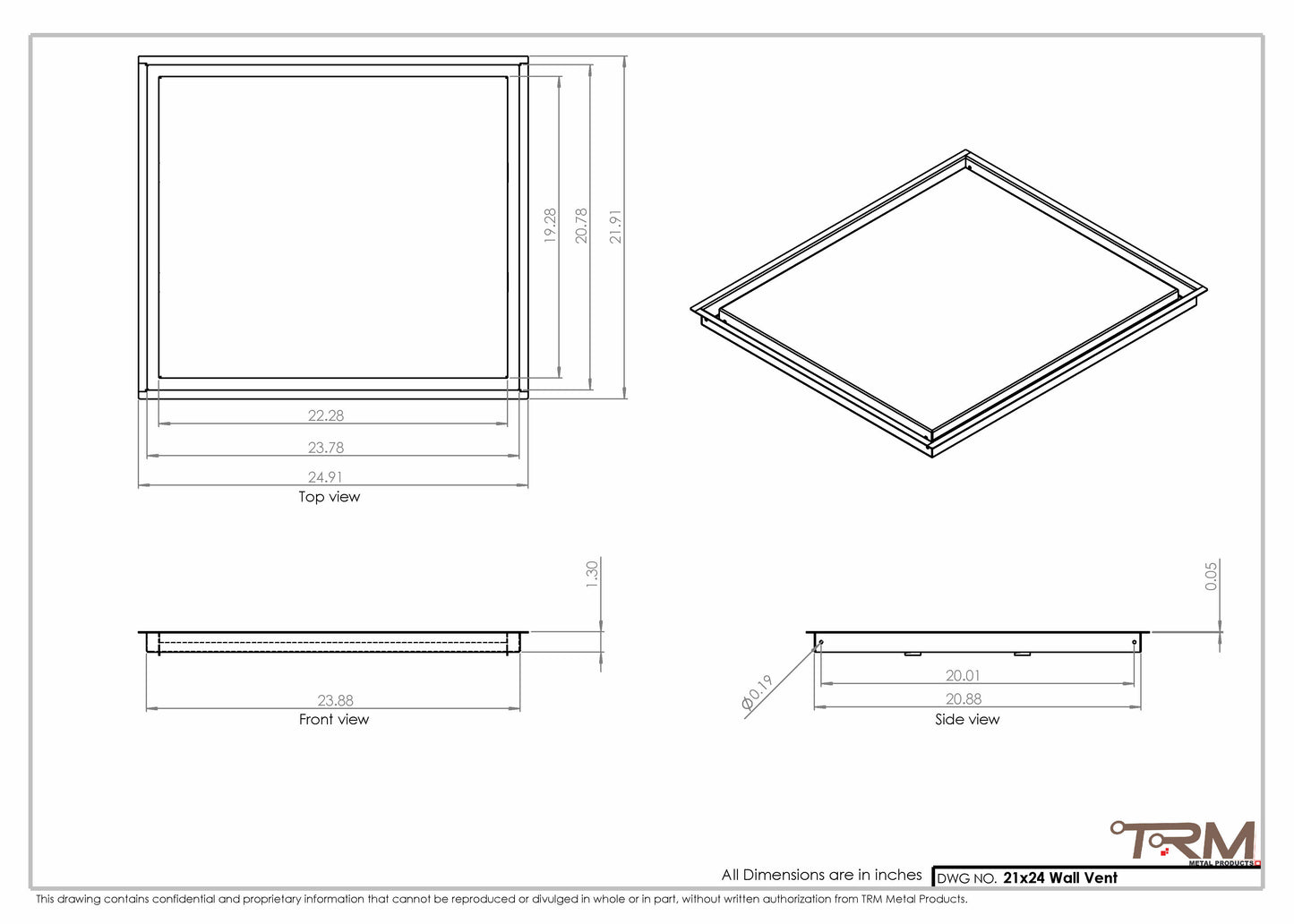 21x24 - Wall Vent - Modern Vent Cover -  Return Air Vent - TRM Metal  24x21