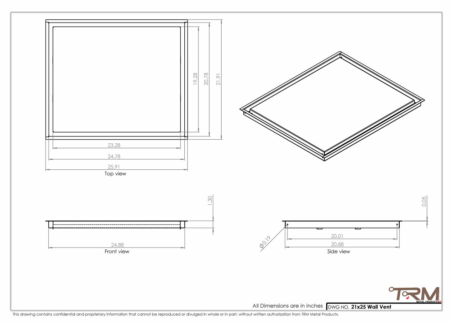 21x25 - Wall Vent - Modern Vent Cover -  Return Air Vent - TRM Metal  25x21