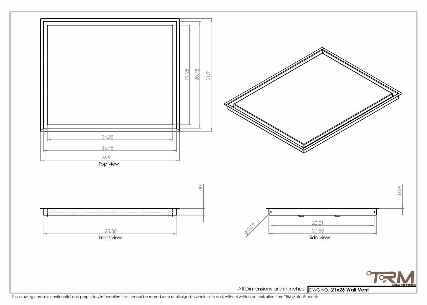 21x26 - Wall Vent - Modern Vent Cover -  Return Air Vent - TRM Metal  26x21
